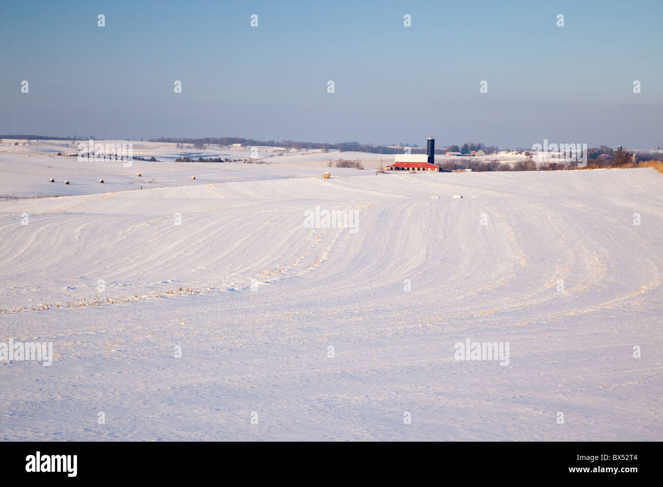 snow-covered field along the Driftless Area Scenic Byway, Allamakee County, Iowa Stock Photo