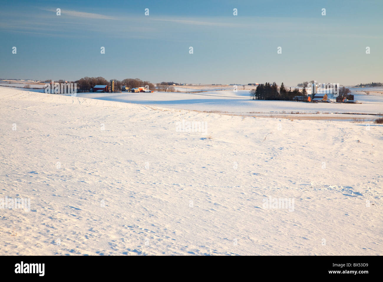 snow-covered field along the River Bluffs Scenic Byway, Clayton County, Iowa Stock Photo