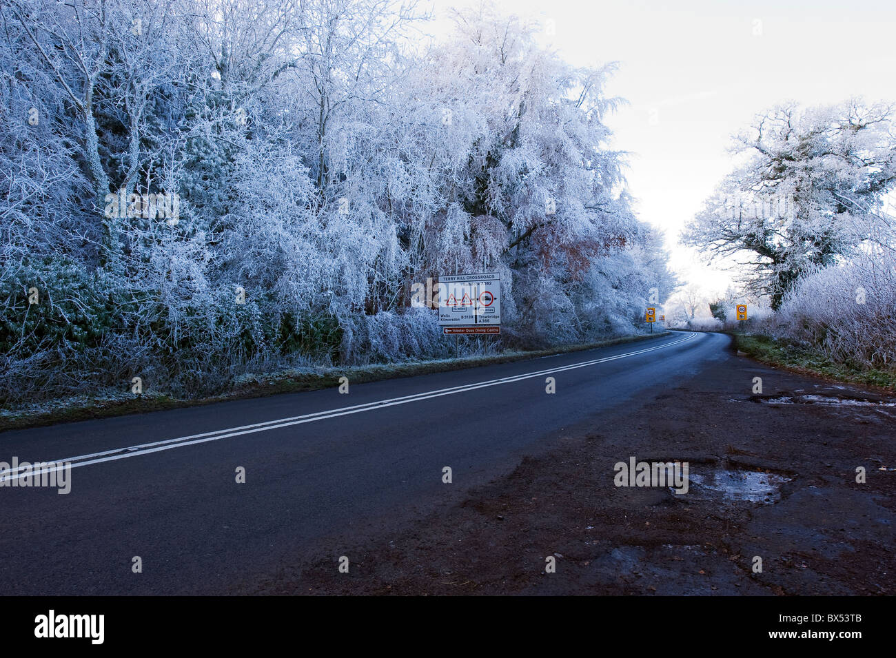 Winter scenes in Somerset, England, UK. Frosty fields and frozen mixed ...
