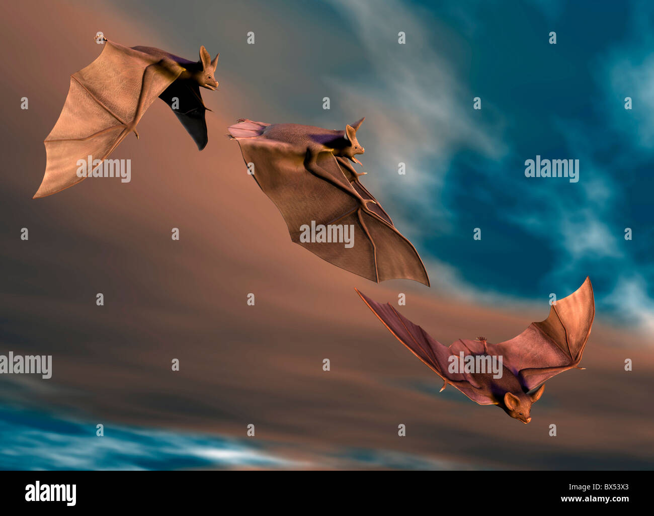 Bats in flight, artwork Stock Photo
