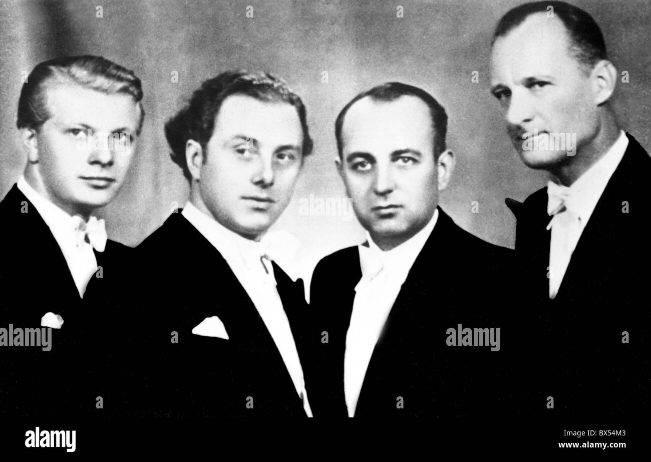 Bratislava 1947. Slovak music quarteto Vojtech gabriel, Alois Nemec, Ladislav Hrdina and Emanuel Myslivecek. CTK Vintage Photo Stock Photo