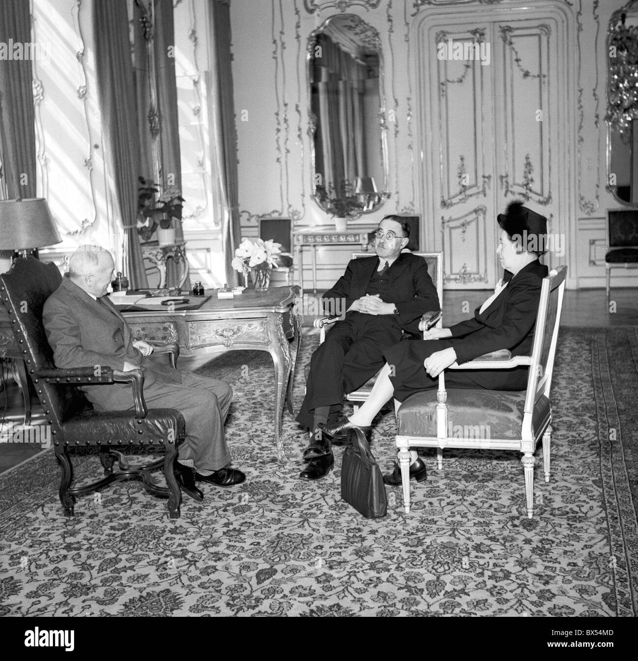 Prague 1947, President Benes hosts English politician Harold Joseph Laski and his wife. CTK Vintage Photo Stock Photo