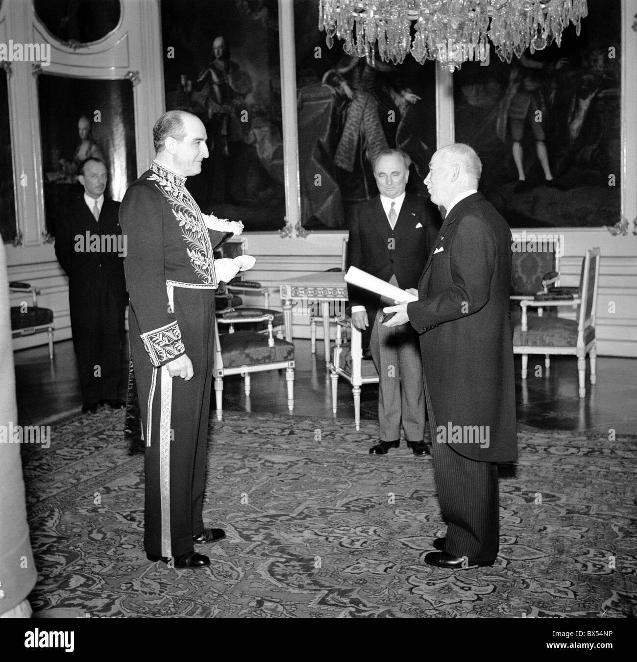 Prague Castle 1947. President Benes meets  Argentinean Envoy to Czechoslovkia Raul de Labougle. CTK Vintage Photo Stock Photo