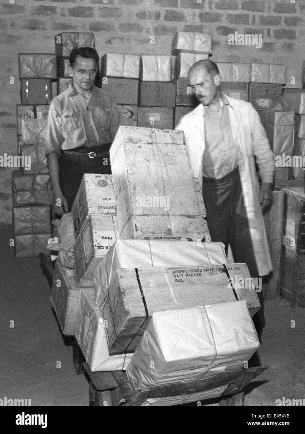 Czechoslovakia - Prague 1947. UNRRA supplies are being distributed within the county. CTK Vintage Photo Stock Photo