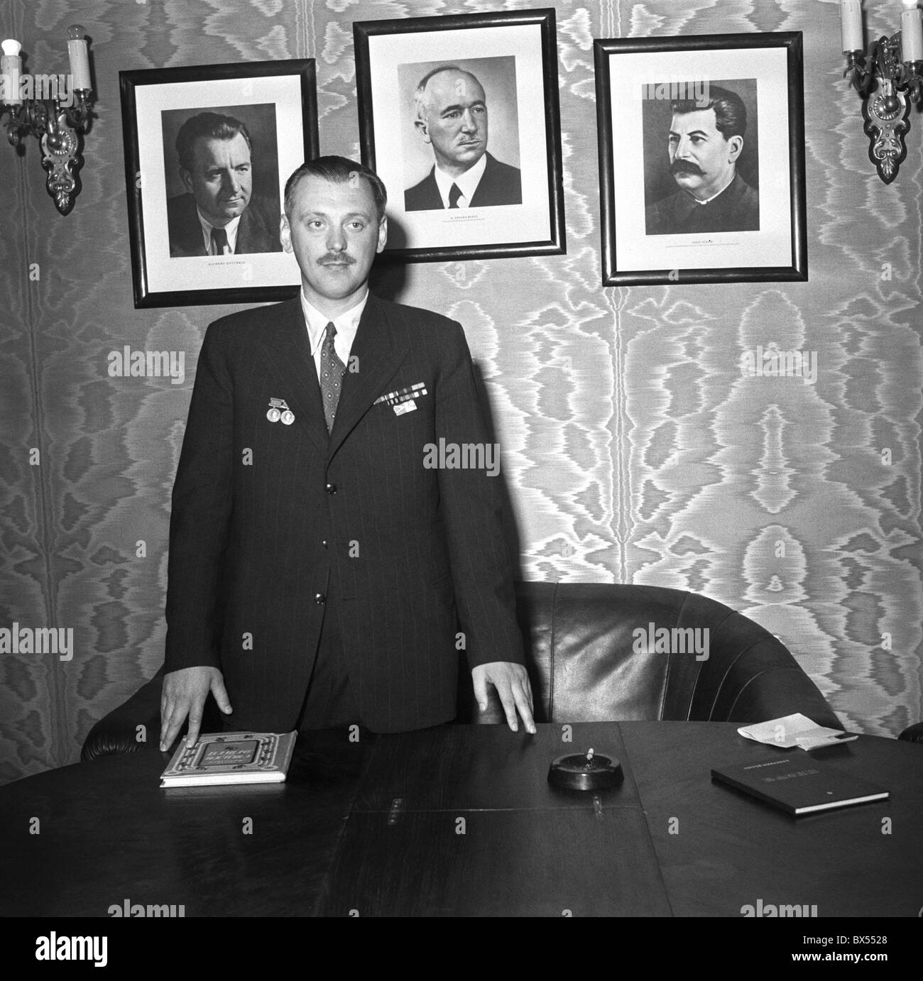 Czechoslovakia - Prague 1947. Soviet writer Sergey Vladimorovich Michalkov with portraits of Stalin Lenin and Benes. CTK Stock Photo