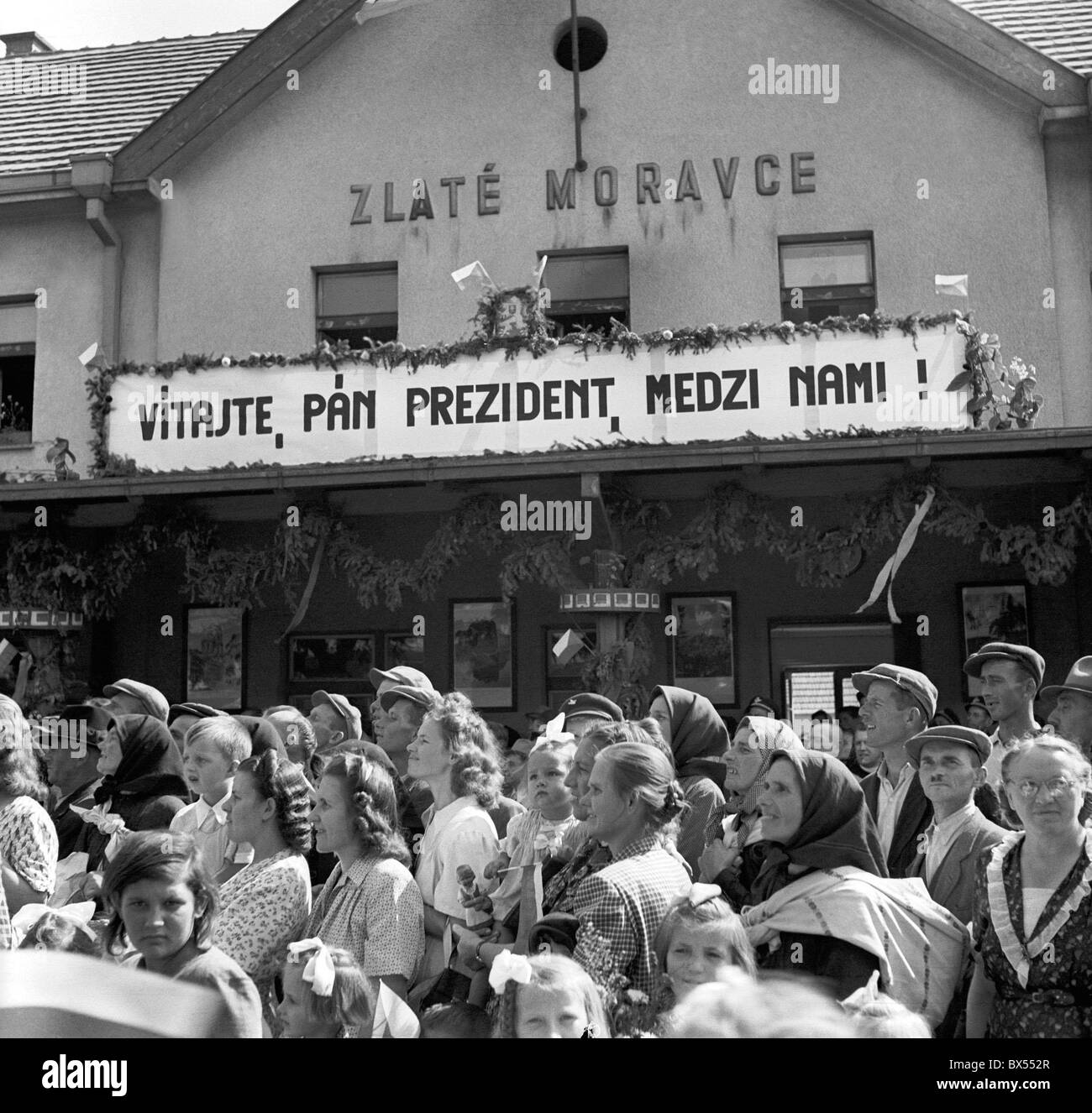 Slovakia - Zlate Moravce 1947. Slovak citizens cordially welcome the Czechoslovak President and the First Lady Hana Benesova Stock Photo