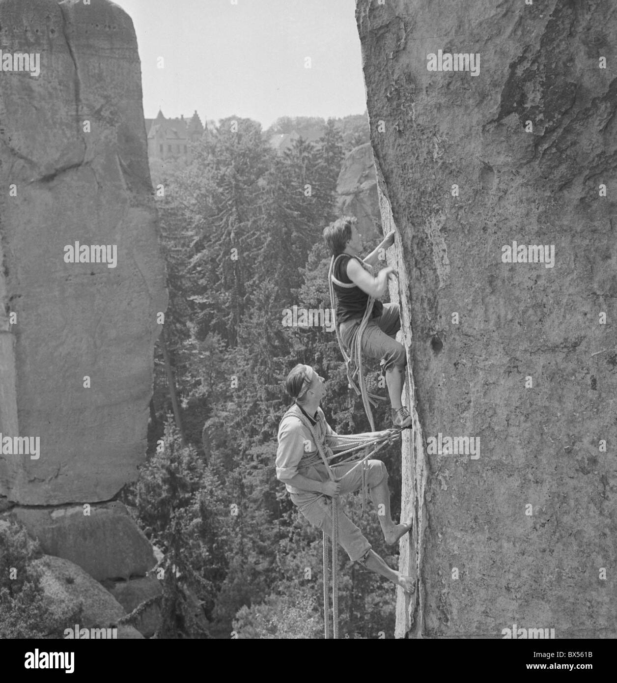 Mountain climbers practising on the sandstone rocks at Cesky raj near Turnov. CTK Photo/Jan Tachezy Stock Photo