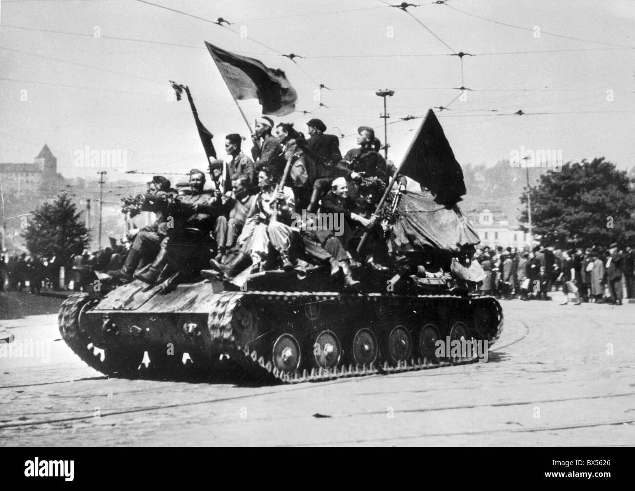 May 9 1945. Red Army arrives in Prague which was already liberated by Vlasov army. Stock Photo