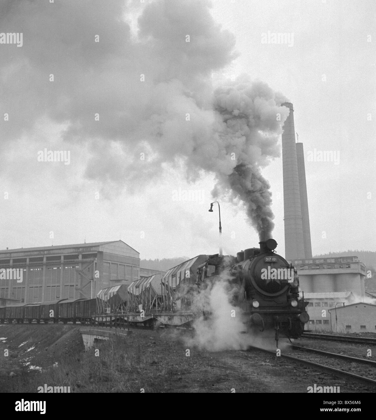 Steam locomotive pulls freight train at Hranice, Czechoslovakia 1960. (CTK Photo / F. Nesvadba) Stock Photo