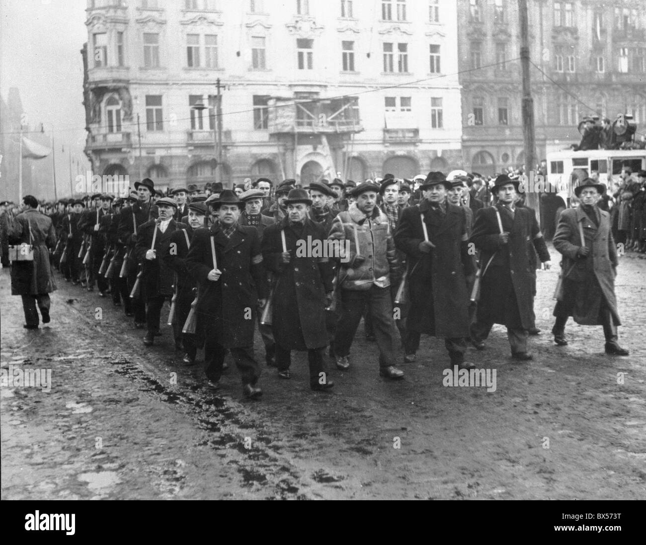 Prague, February 1948, PeopleÂ´ s Militia, street, manifestation, intimidation Stock Photo