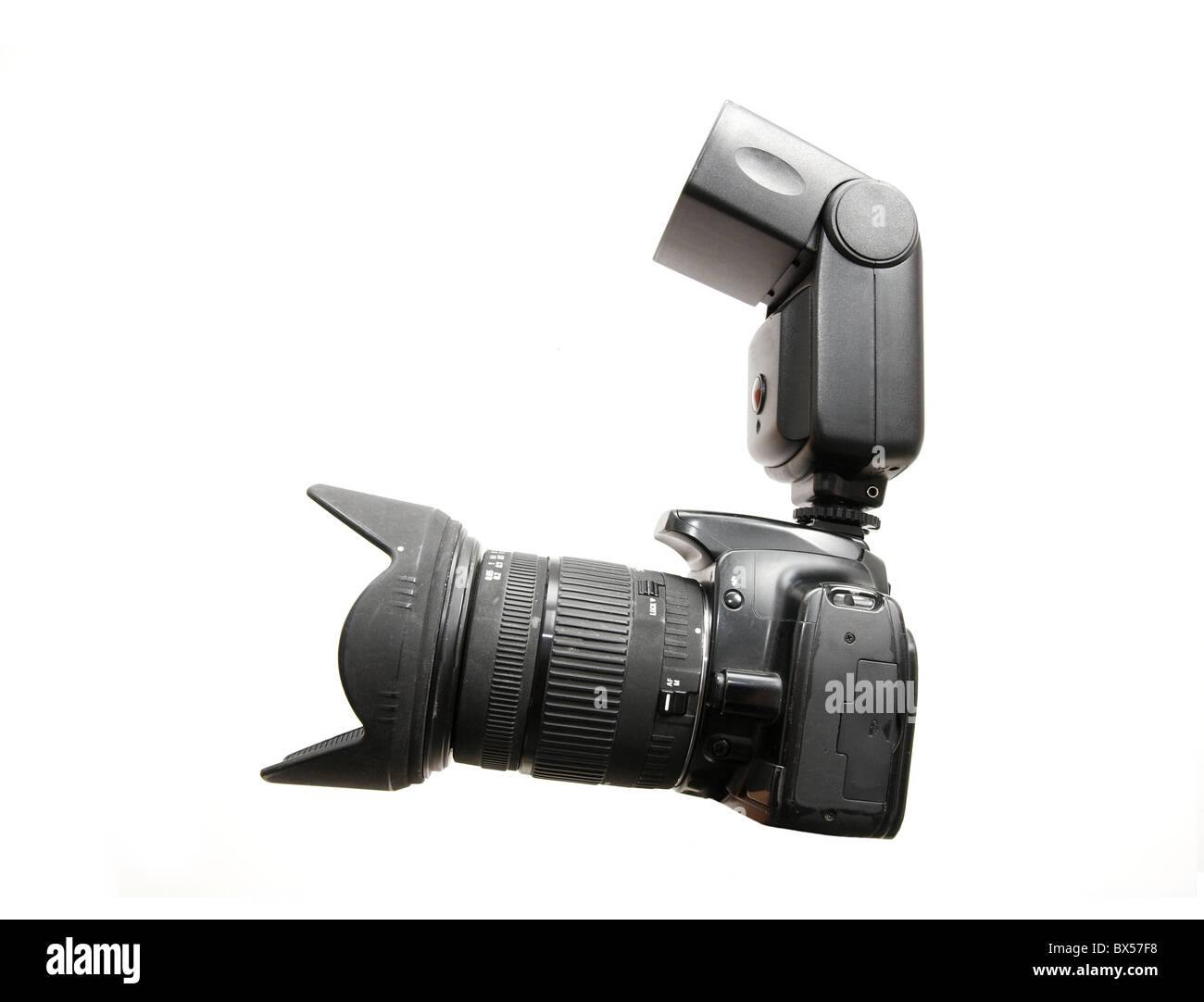 Camera with zoom lens and flash isolated on white background Stock ...
