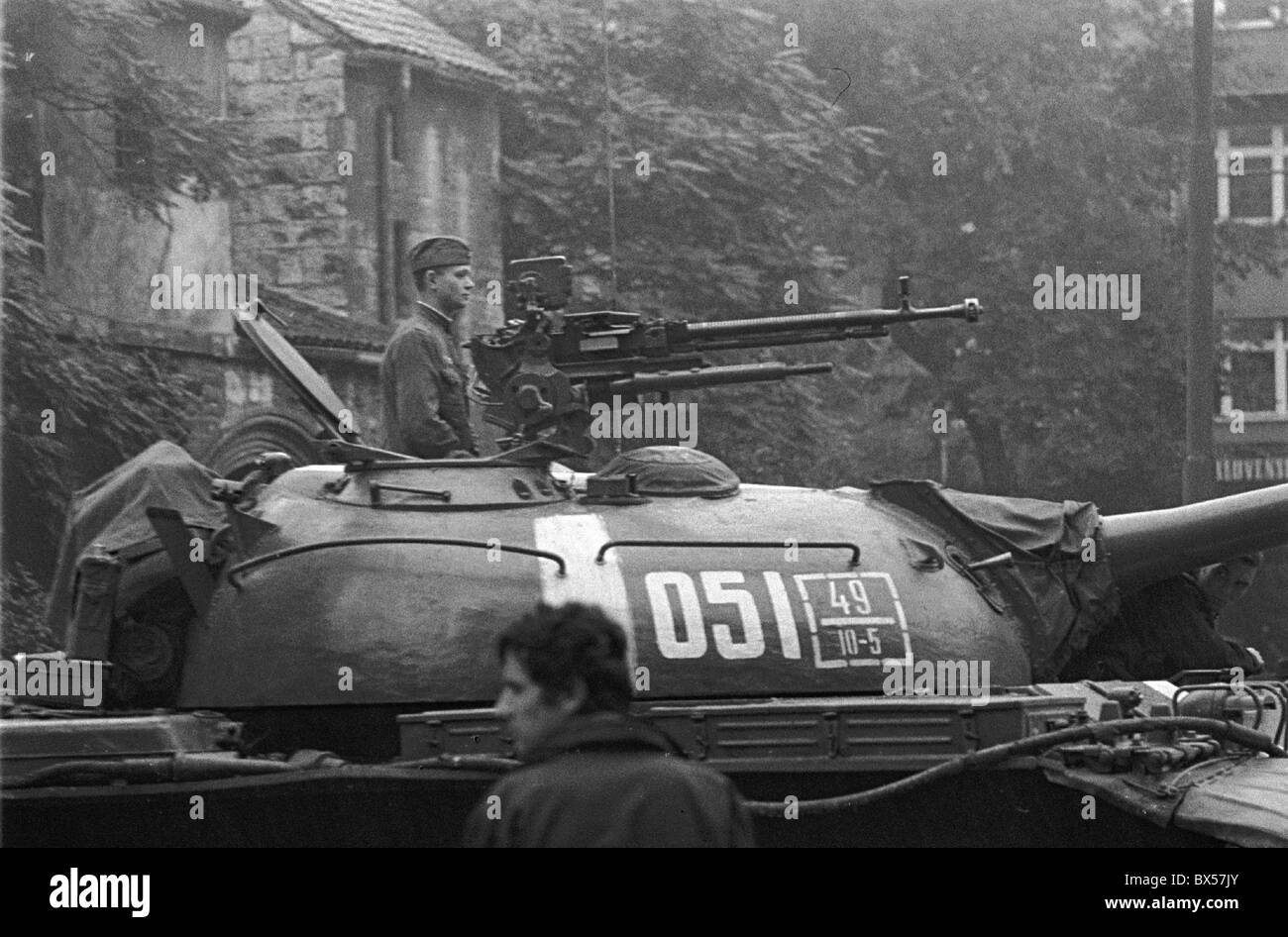 tank, machine gun, soldier, Prague Stock Photo