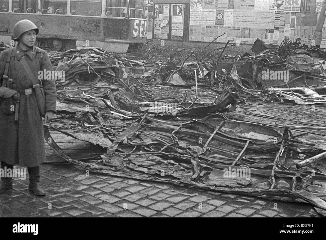 protest, barricade, bus, Czechoslovak Radio, Prague Stock Photo