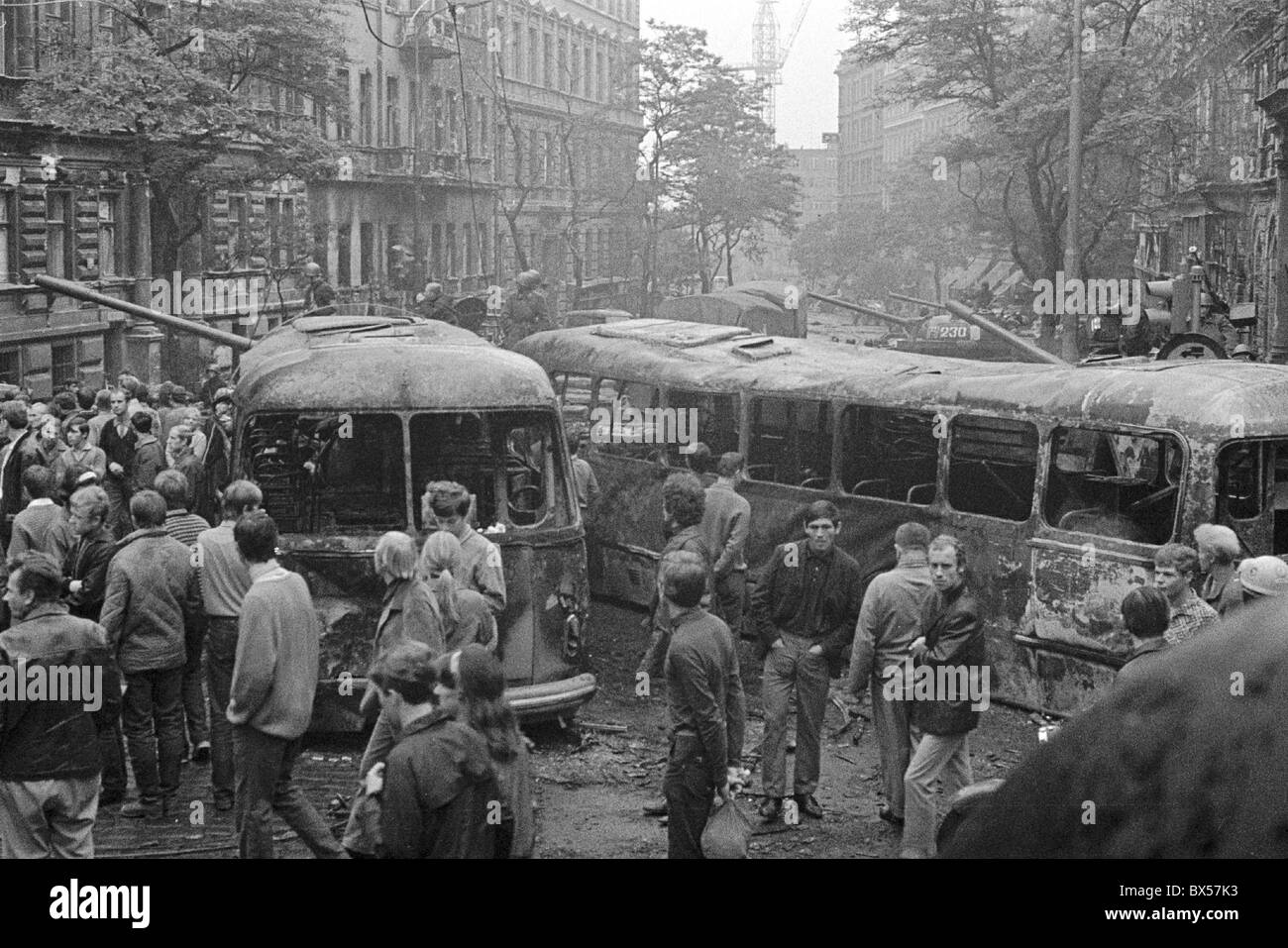 protest, barricade, bus, Czechoslovak Radio, Prague Stock Photo