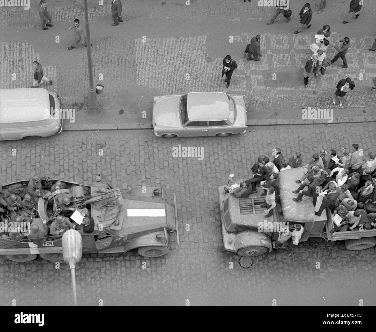 truck, armoured vehicle, APC, soldiers, protesters, Prague Stock Photo