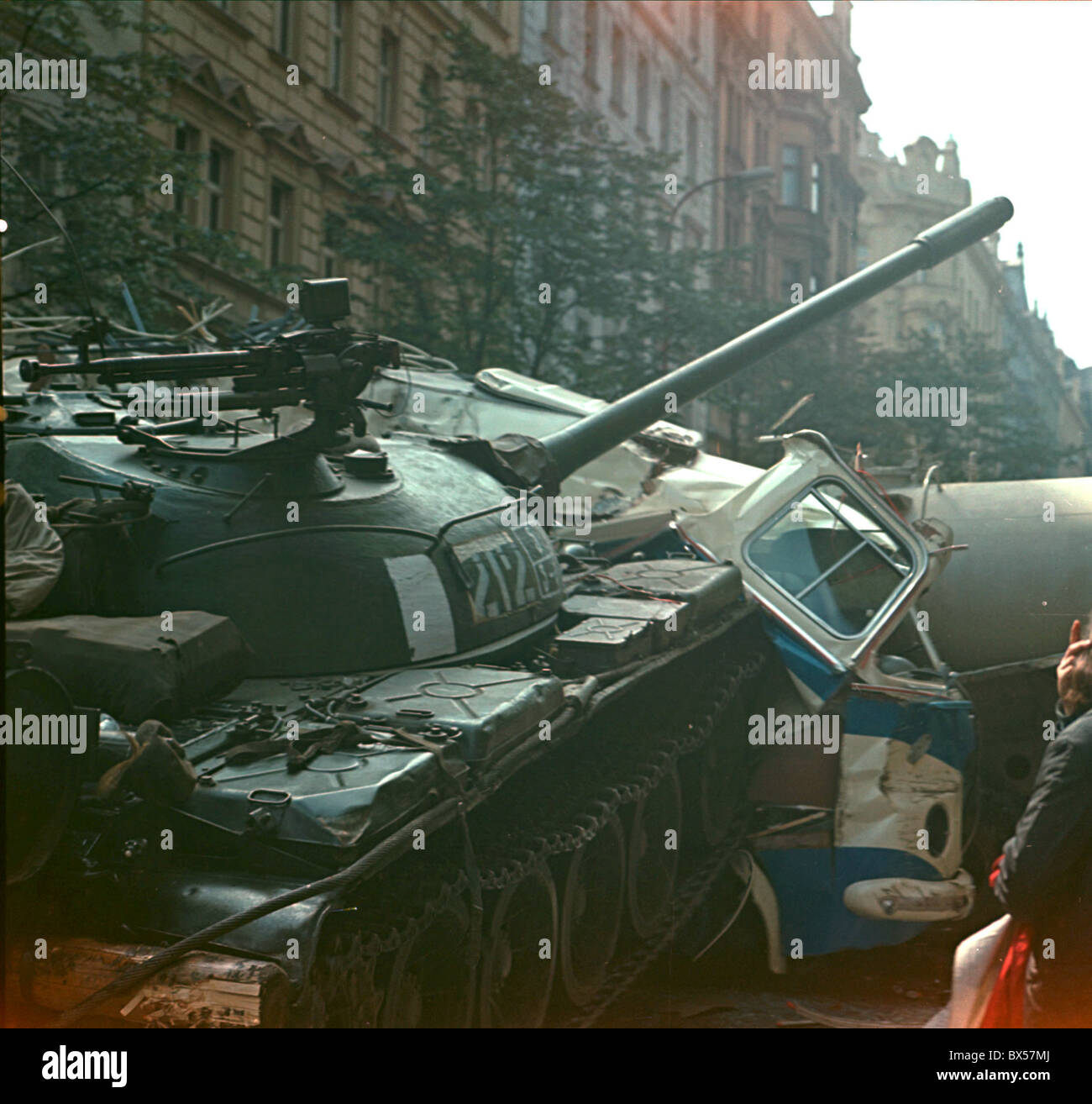 Soviet tank, troops, soldiers, barricade,Prague, Stock Photo