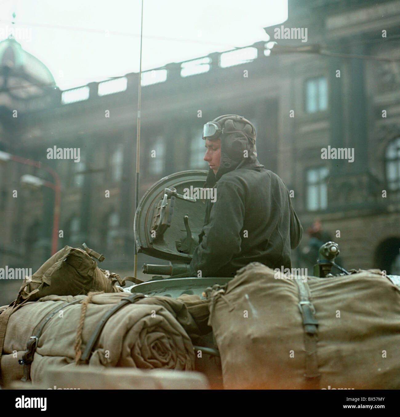 Soviet tank, troops, soldiers, Prague, Wenceslas Square, National Museum Stock Photo