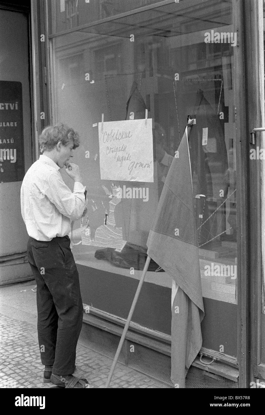 protest, flag, poster, shop window, Prague Stock Photo