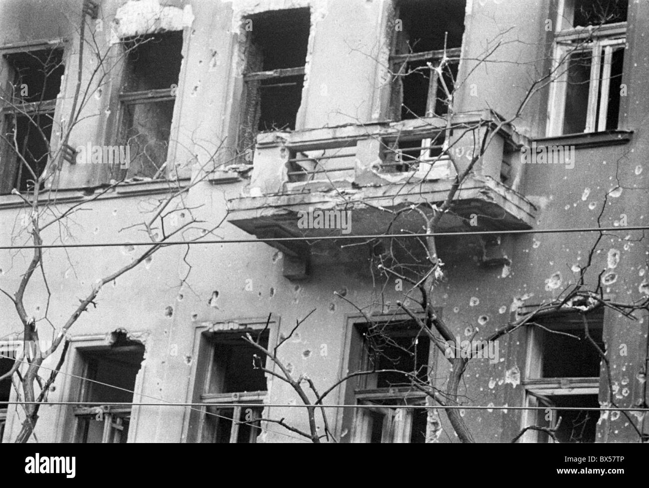 bullet holes, damaged house, Prague Stock Photo