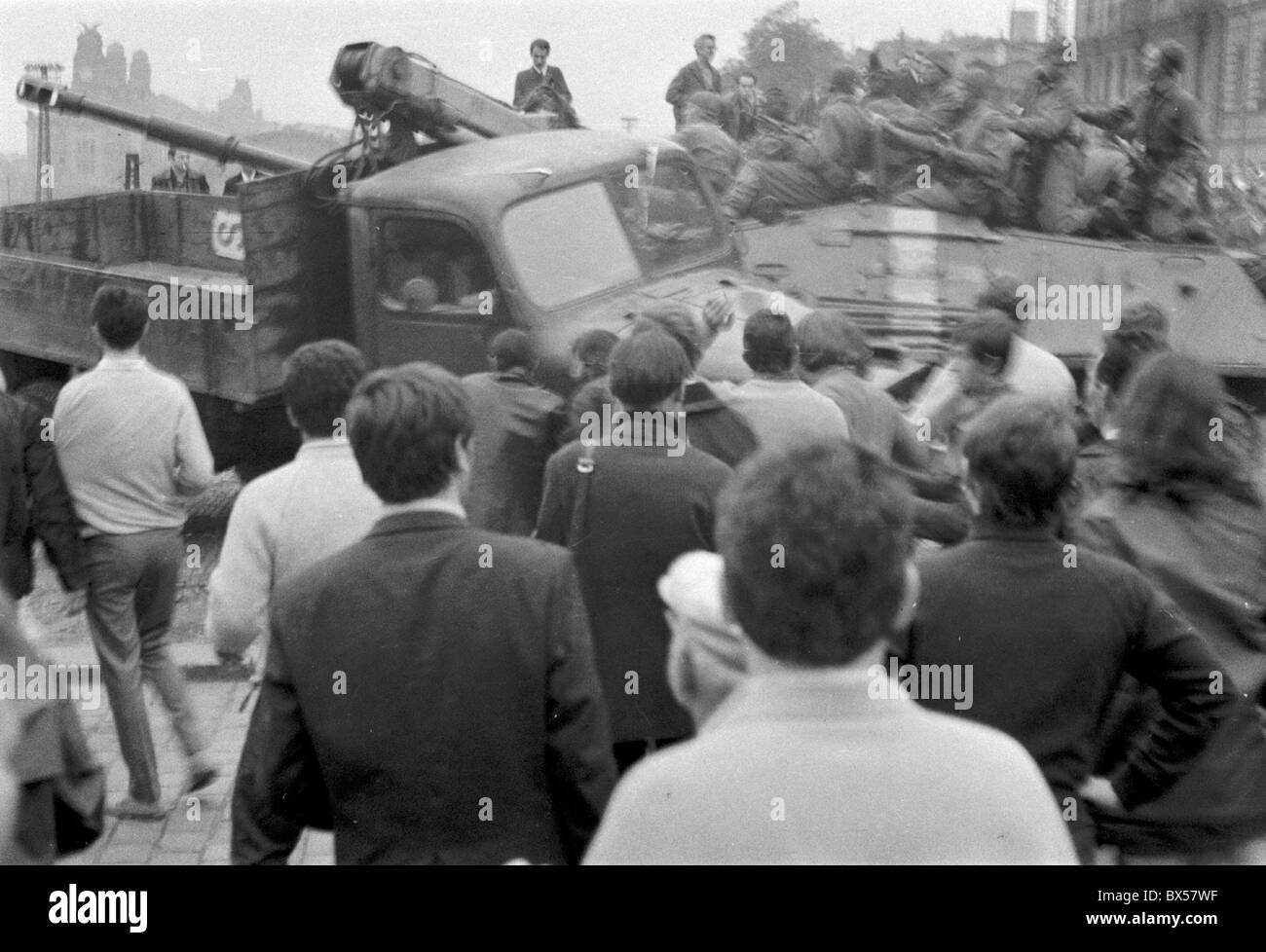 tank, protest, barricade,Czechoslovak Radio, Prague Stock Photo