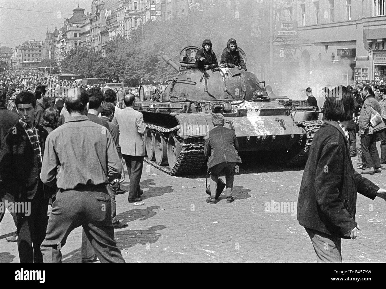 tank, protest, photographer, Wenceslas Square, Prague Stock Photo