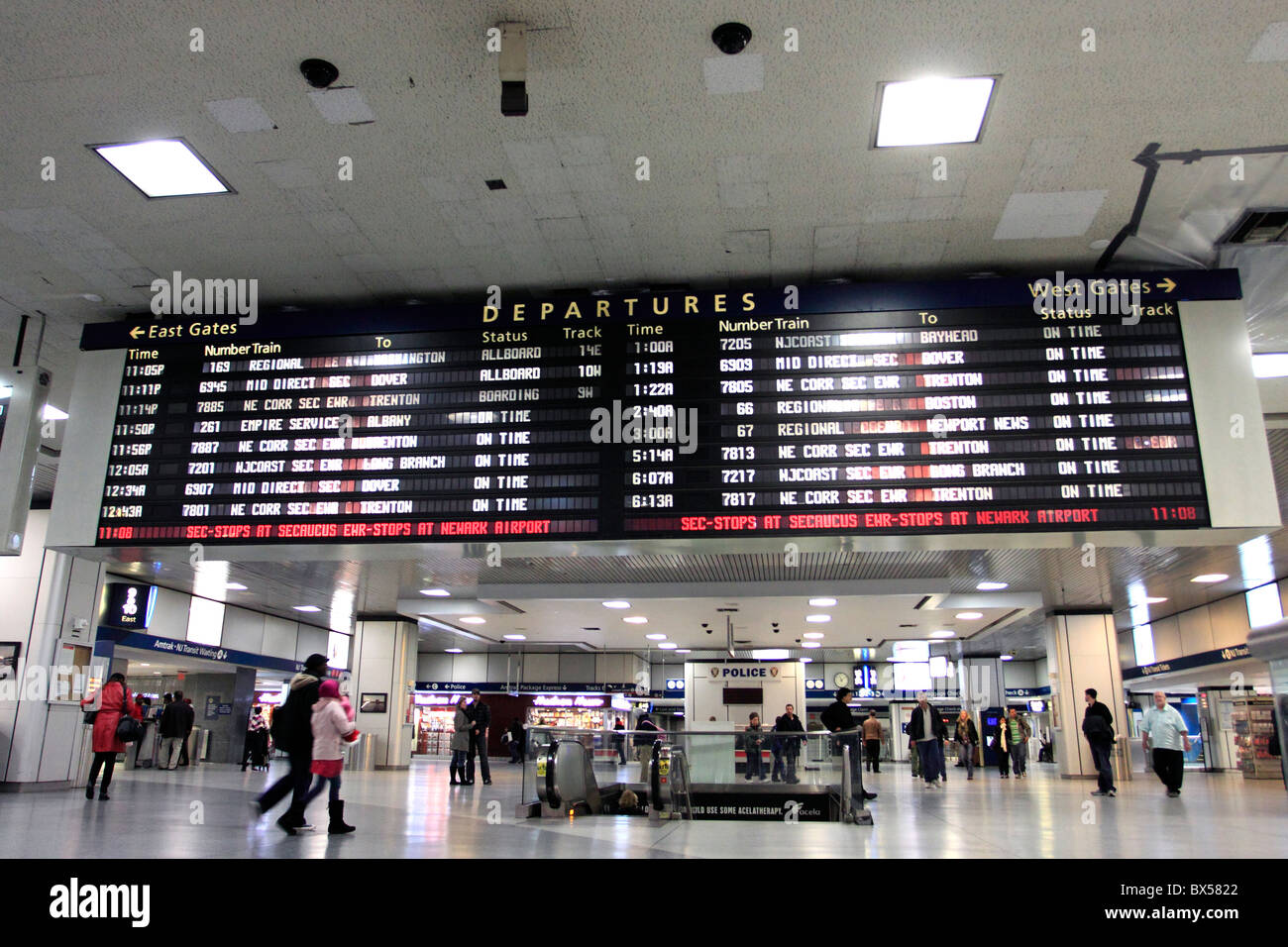 Amtrak train departure information screen, Penn Station, New York City Stock Photo
