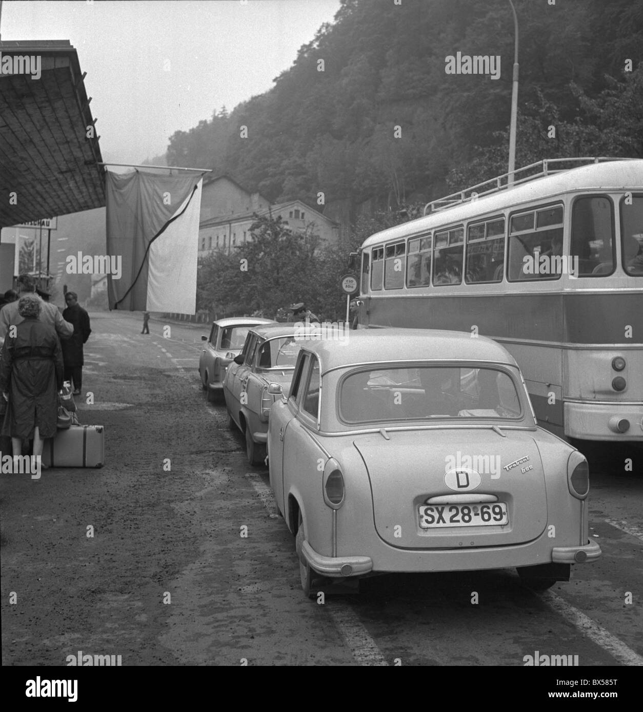 East German tourists, Trabant car, border, Stock Photo