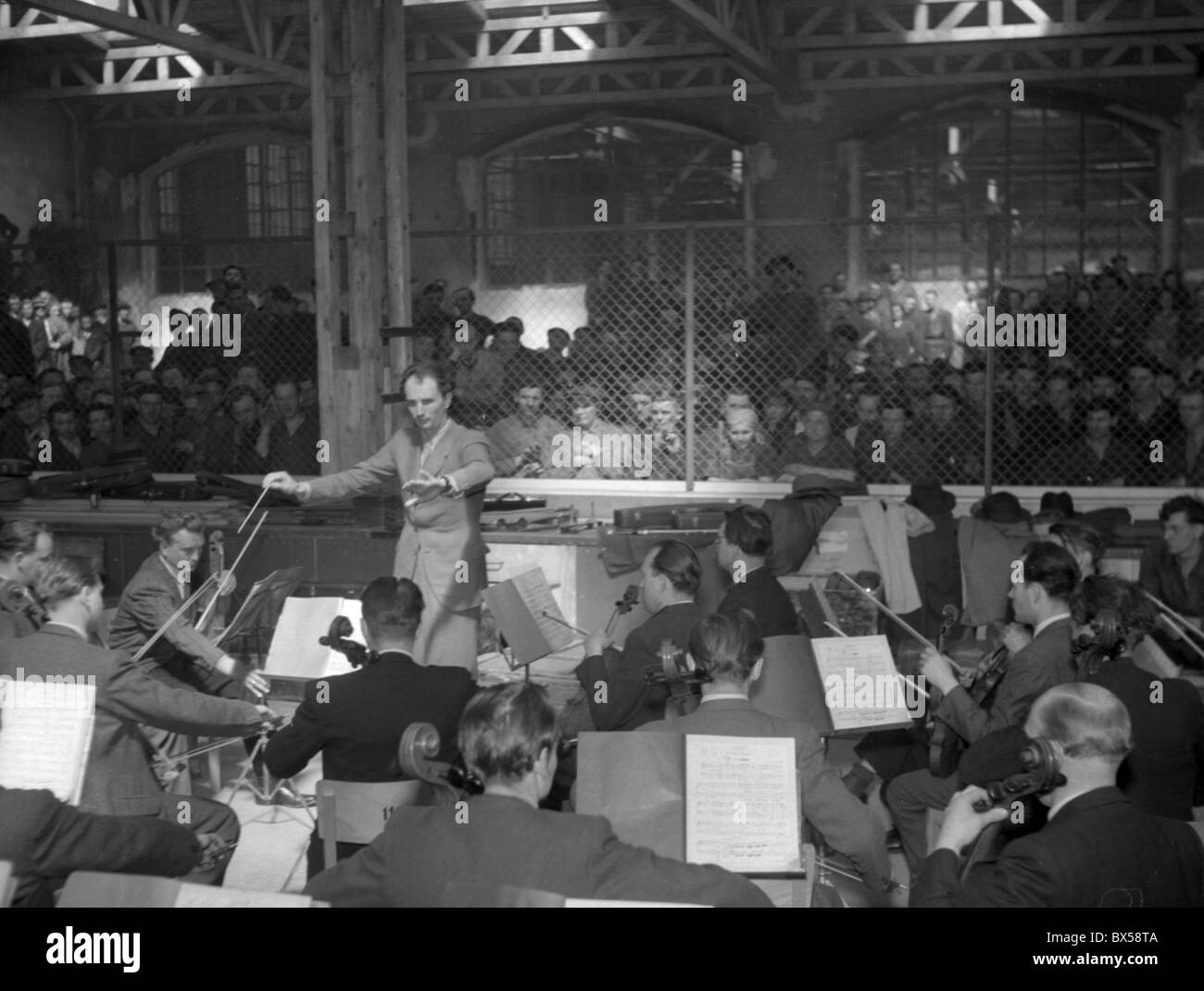 Czechoslovakia - Prague 1951. Czech Philharmony gives a lunch time concert to Tatara Smichov factory workers. CTK Vintage Photo Stock Photo