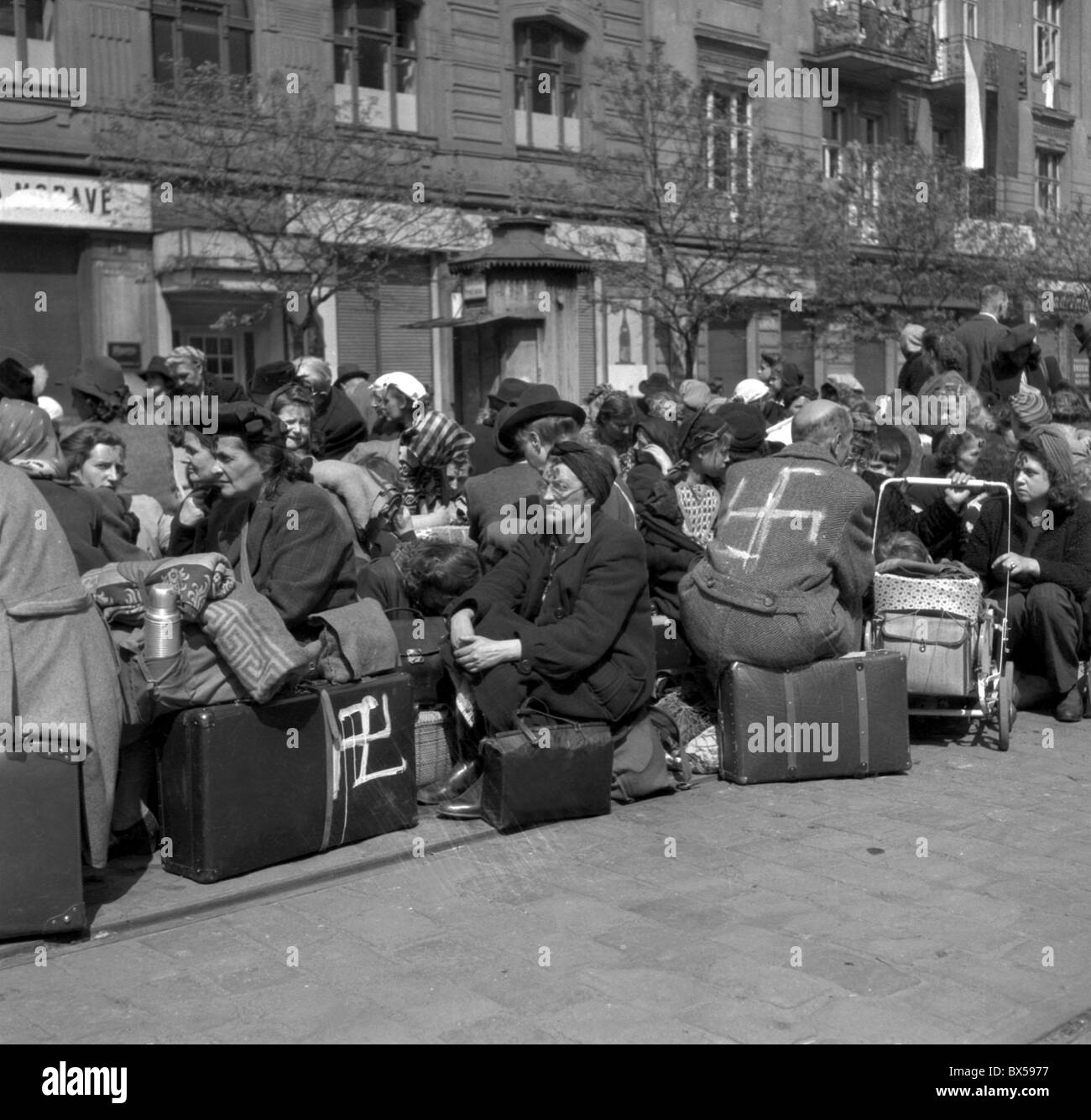 May 1945, German citizens who lived in Prague all their lives are forcibly repatriated to Germany. Stock Photo