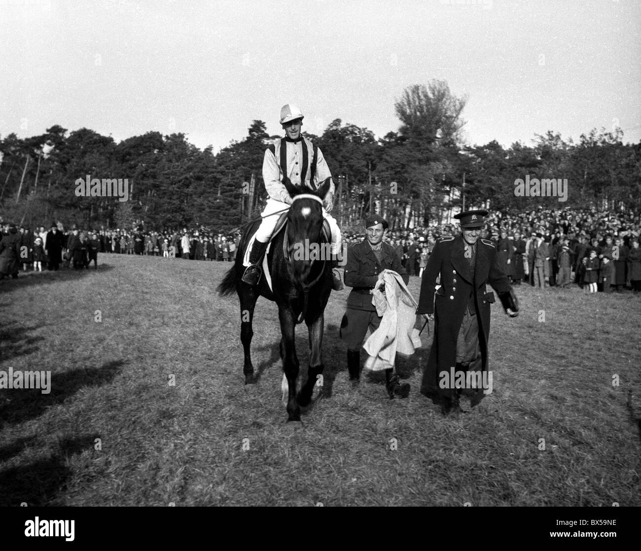 Czechoslovakia, Pardubice, horse race winner Milos Svoda on horseback Stock Photo