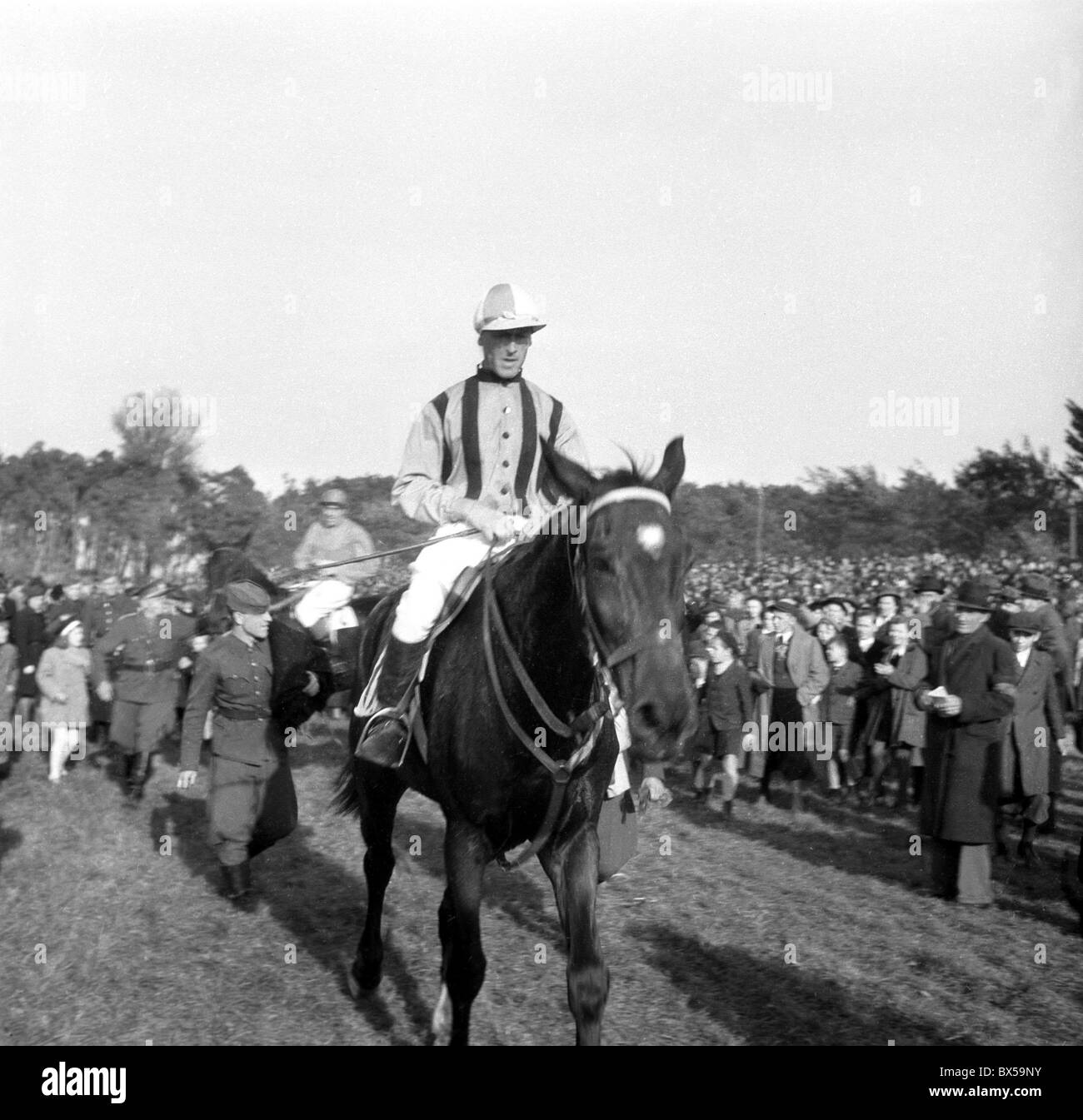 Czechoslovakia, Pardubice, horse race winner Milos Svoda on horseback. Stock Photo