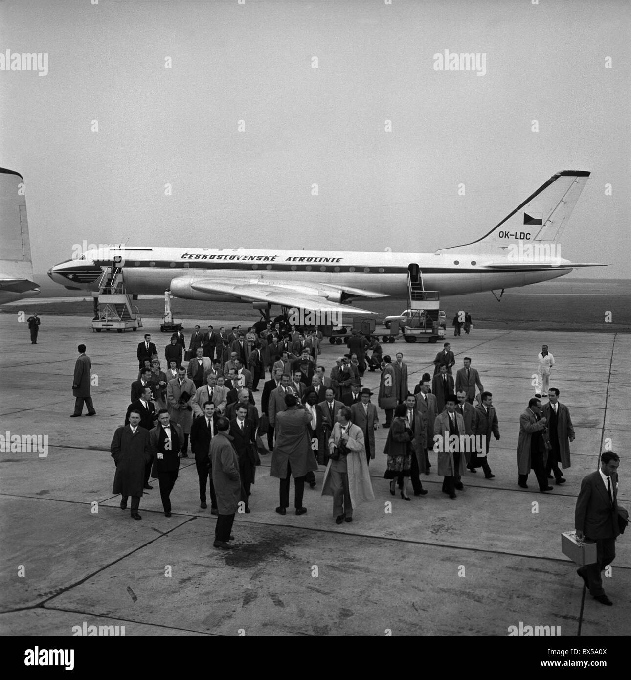 Passengers deplaning from Soviet made TU 104 commercial aircraft in Prague, Czechoslovkia 1958. (CTK Photo Josef Mucha) Stock Photo
