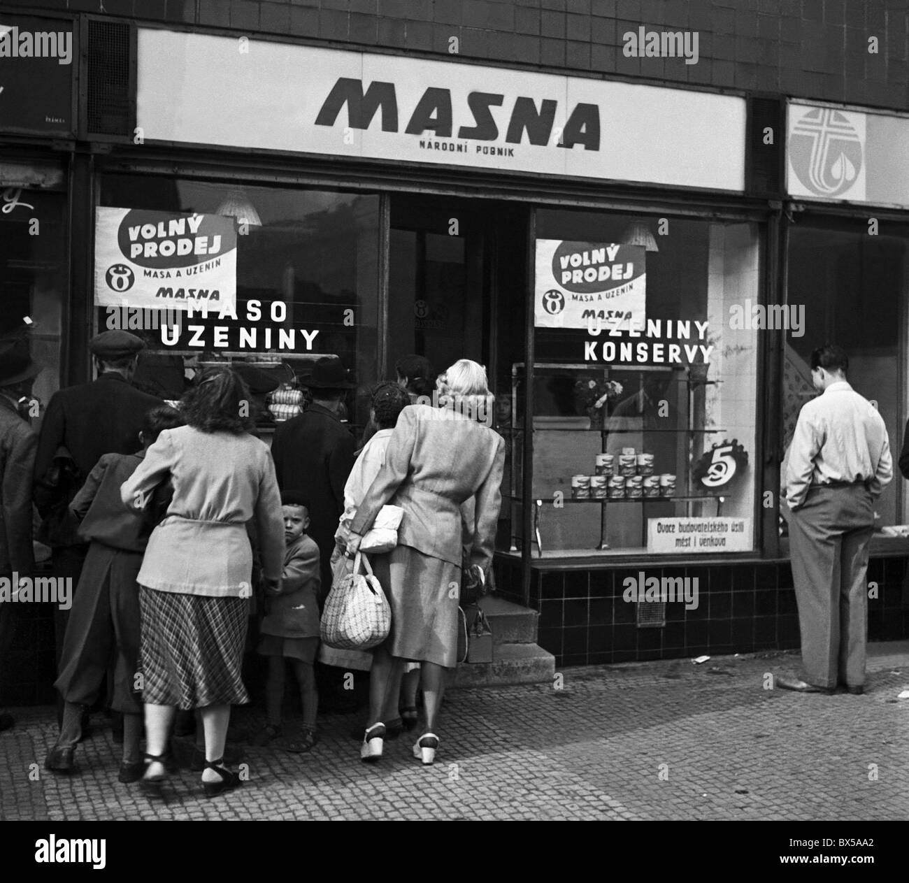 Czechoslovakia Prague 1949. People view the meat selection offered by