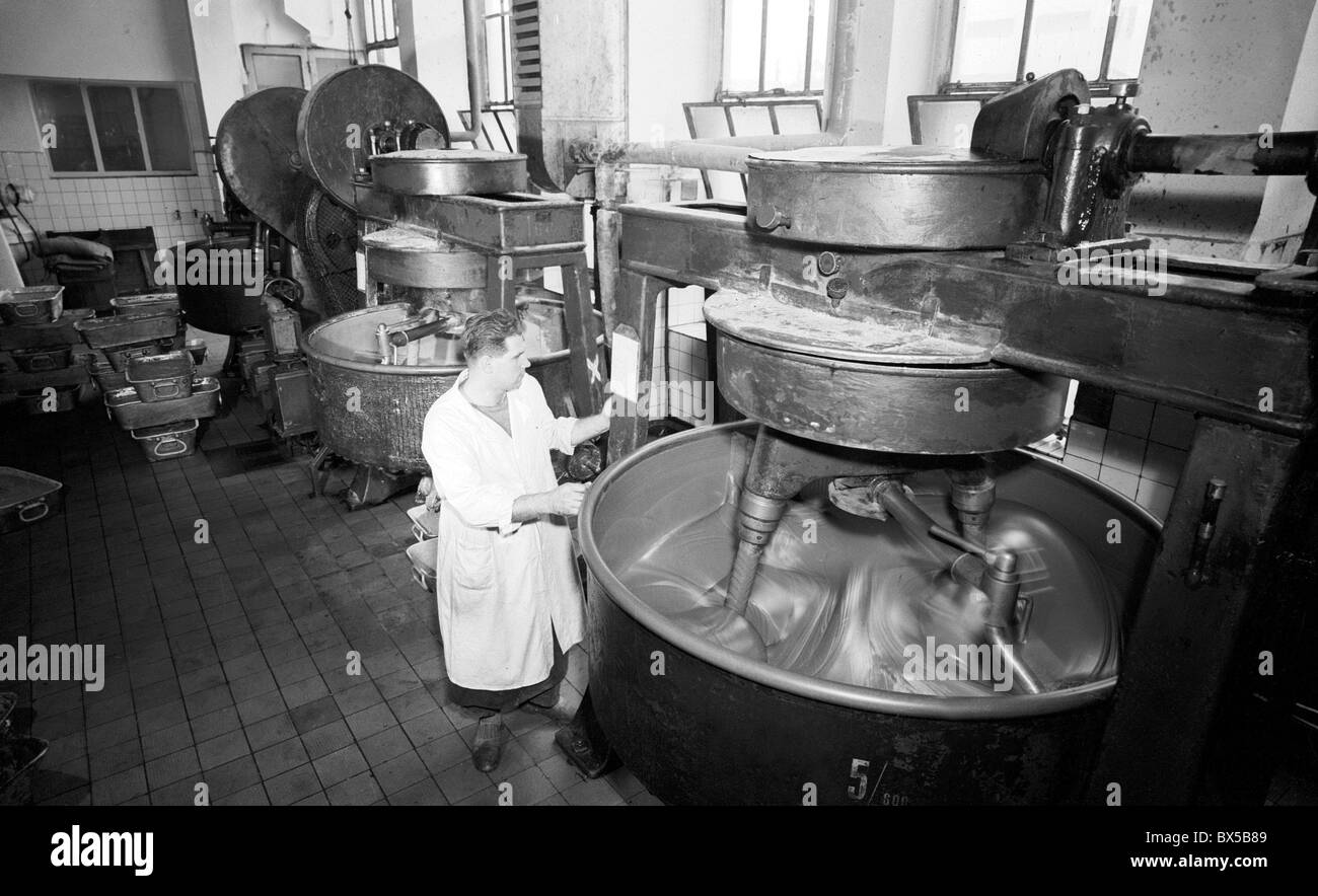 Female workers attend big mixer at chocolate factory. Prague ...