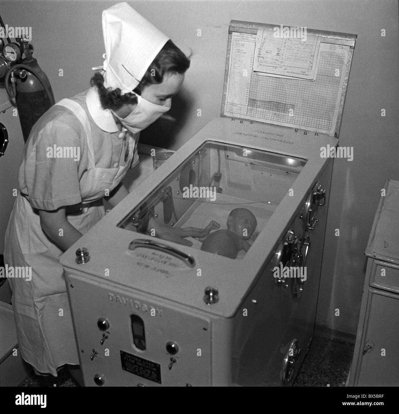 Czechoslovakia 1947, Prague. Nurse checks on prematurely born baby in