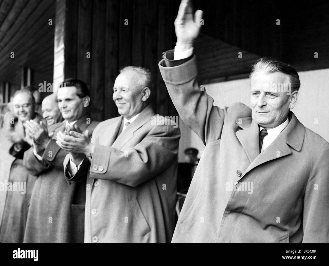Nikolay Podgorny of USSR and Antonin Novotny, anniversary, waving Stock Photo