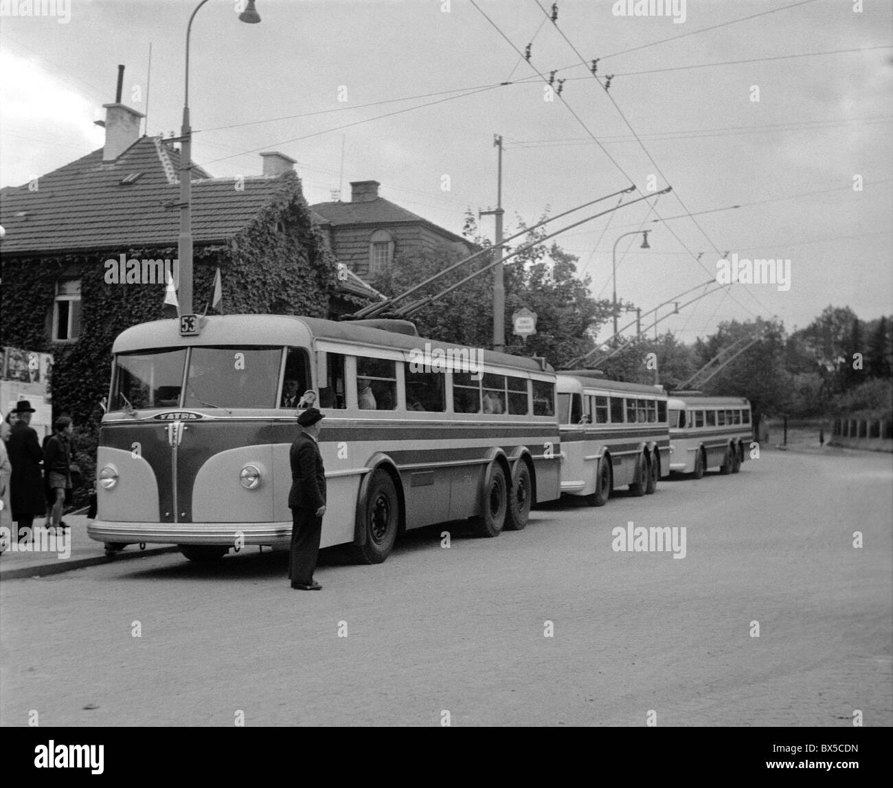 Czechoslovakia - Prague 1948. Electricity powered 'trolleybus' / electricity powered bus. CTK Vintage Photo Stock Photo