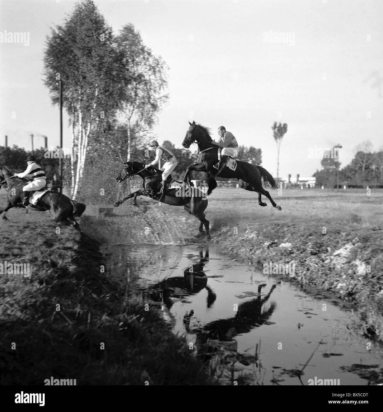 Czechoslovakia,' Velka Pardubicka' steeplechase. Jockeys nogotiate wide ditch. CTK Vintage Photo Stock Photo
