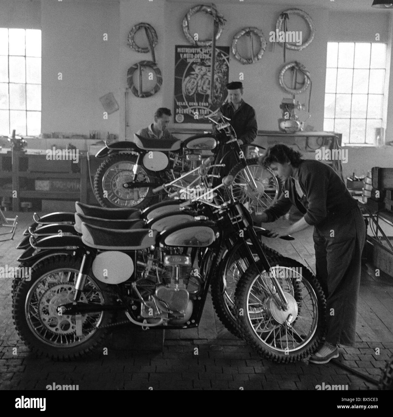 Production of motorcross motorcycles at ESO factory in Divisov, June 1961. CTK Photo/Zdenek Havelka Stock Photo