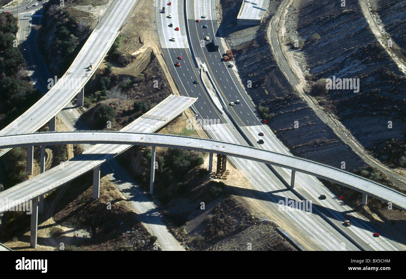 An approach ramp on California's Golden State Freeway leads nowhere after being broken by the January 17, 1994 earthquake. Stock Photo