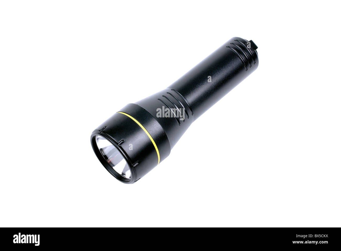 Black with yellow plastic torch isolated on white background. Stock Photo
