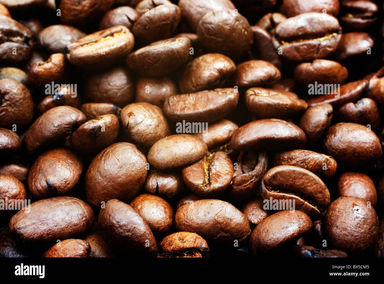 Heap of brown roasted coffee beans close up photo as background or ...