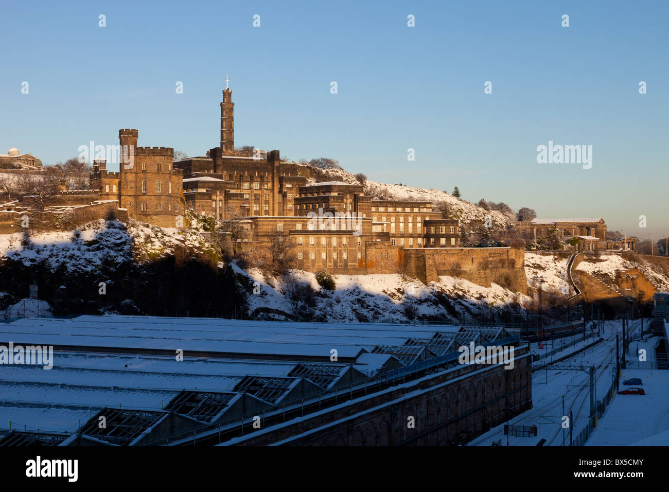 Calton Hill and the old Royal High School from North Bridge, Edinburgh, Scotland Stock Photo