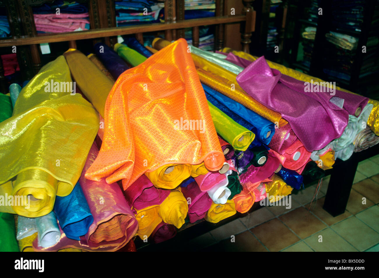 Colorful Silk yardage, market display, Stock Photo
