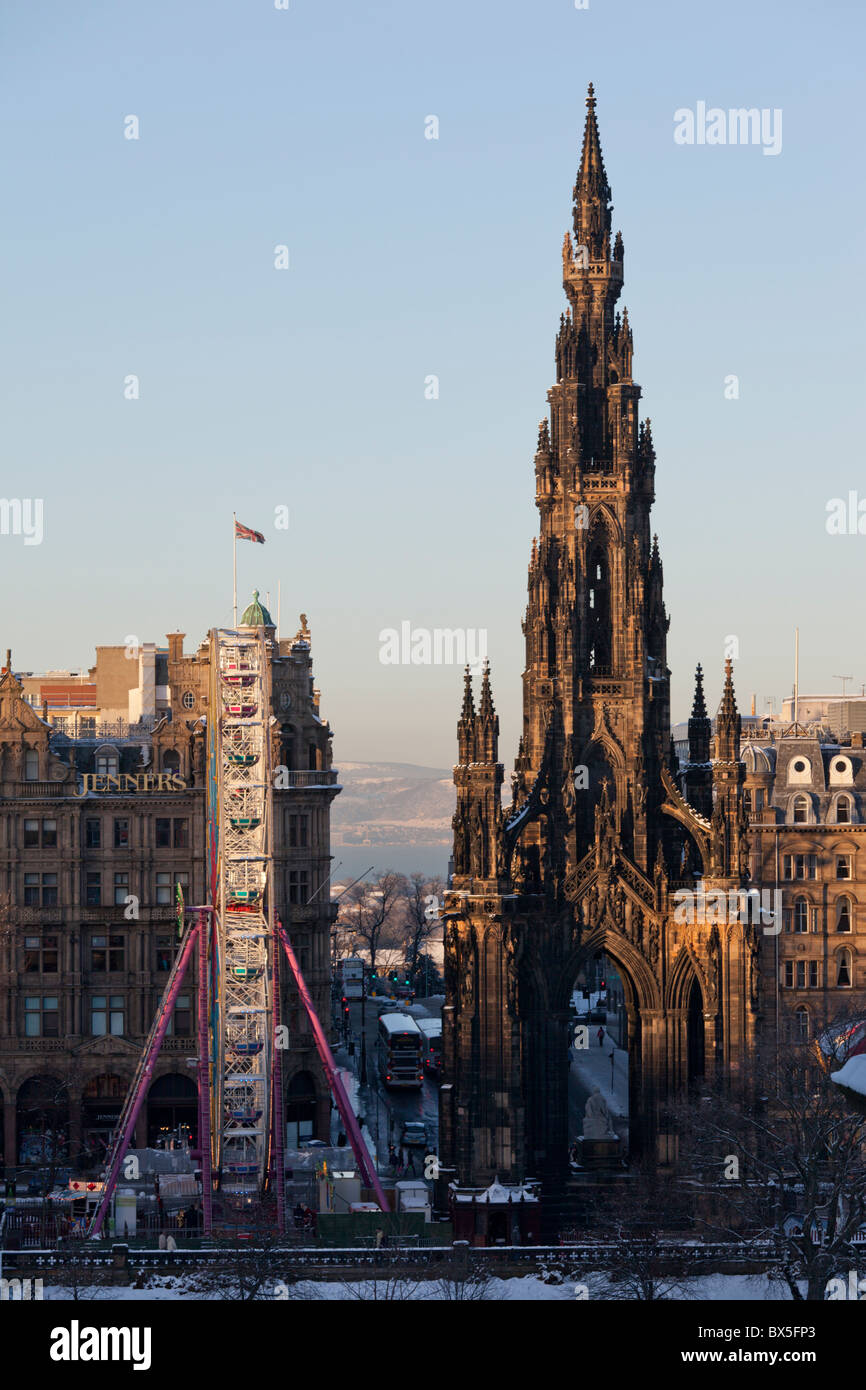 The Scott Monument and the winter fair ferris wheel, Edinburgh, Scotland Stock Photo