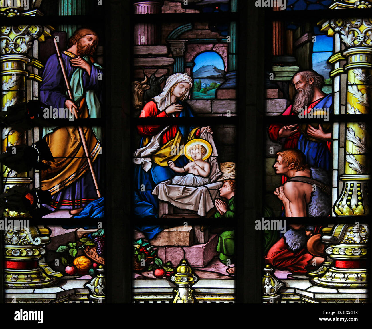 Stained glass window depicting the Nativity in Stockholm Church Stock Photo