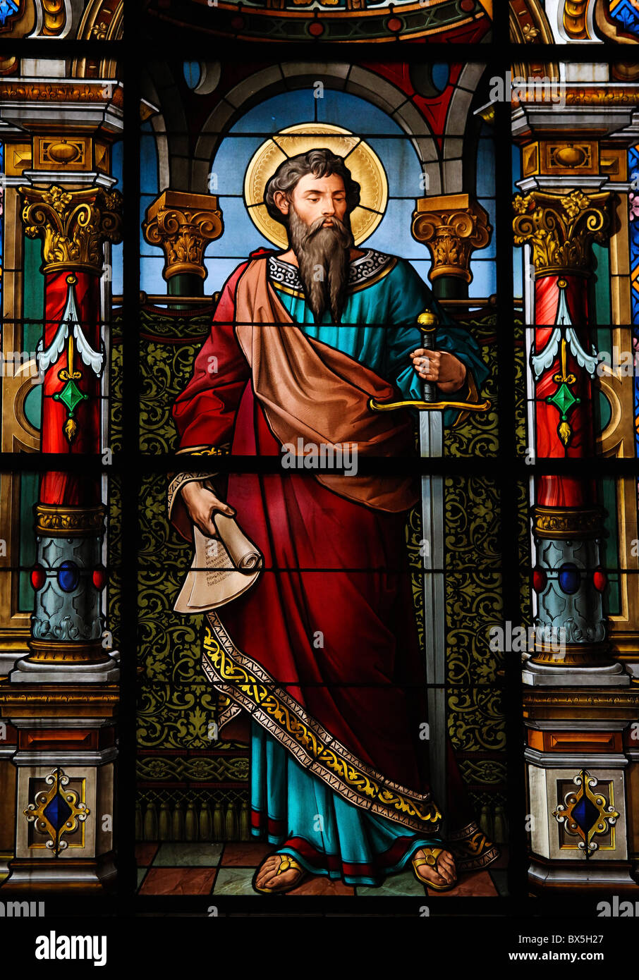 Saint Paul, stained glass window in the German church in Stockholm Stock Photo
