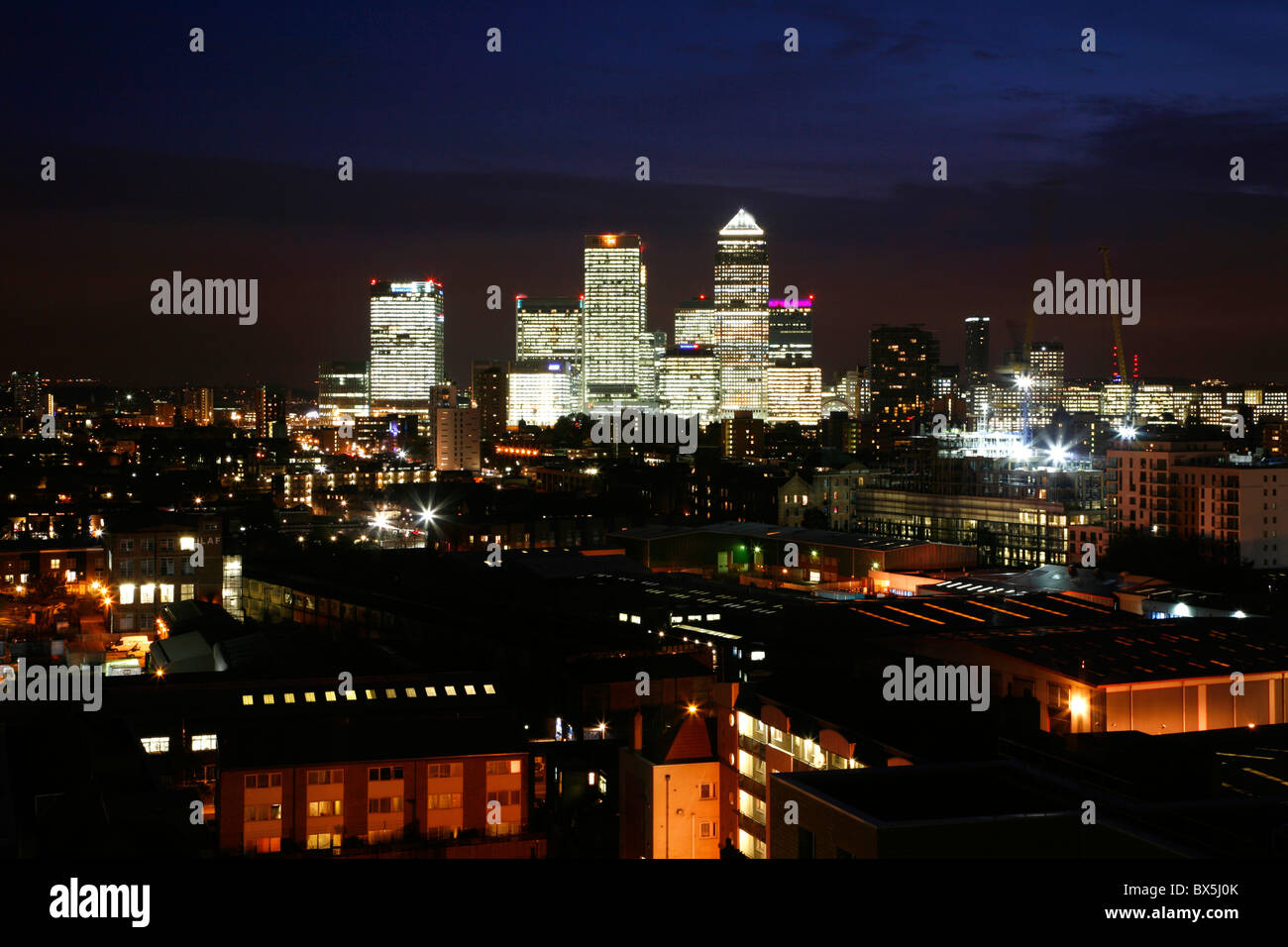 Rooftop view over Poplar to Canary Wharf from Bromley By Bow, London, UK Stock Photo