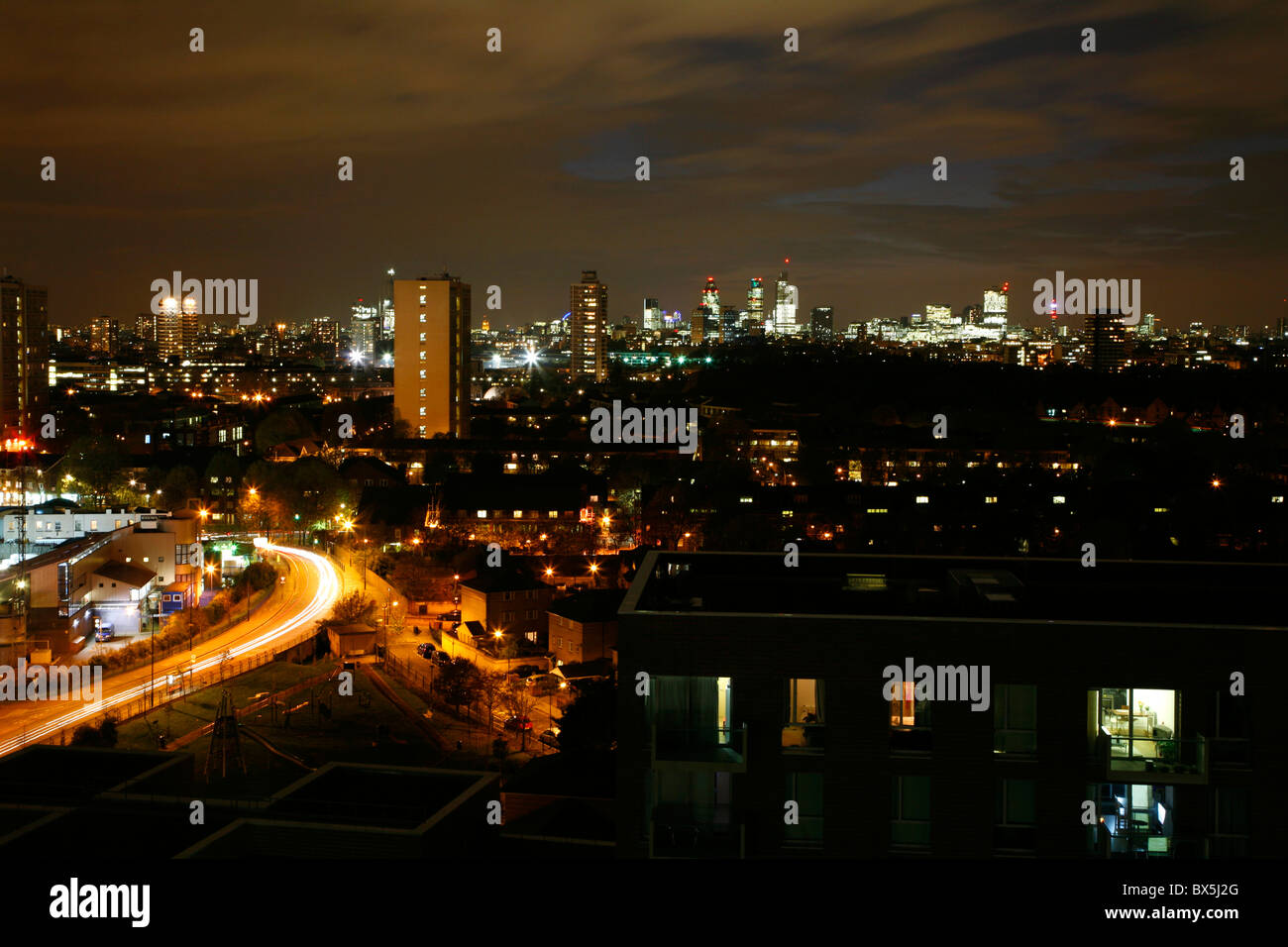 Rooftop view across the East End to the City of London from Bromley by