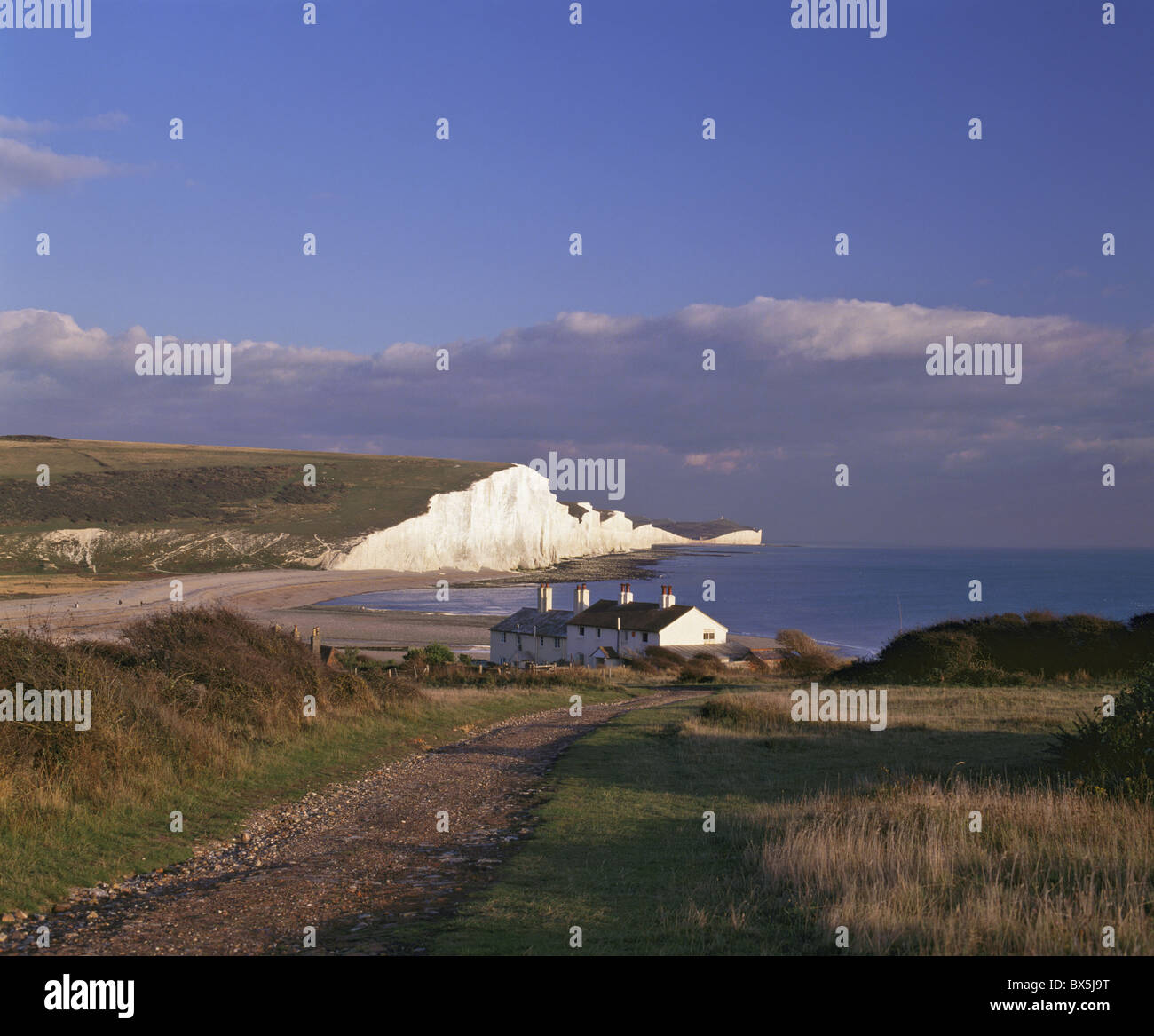 White chalk cliffs of the Seven Sisters at Cuckmere Haven, seen from near Seaford, East Sussex, England, United Kingdom, Europe Stock Photo